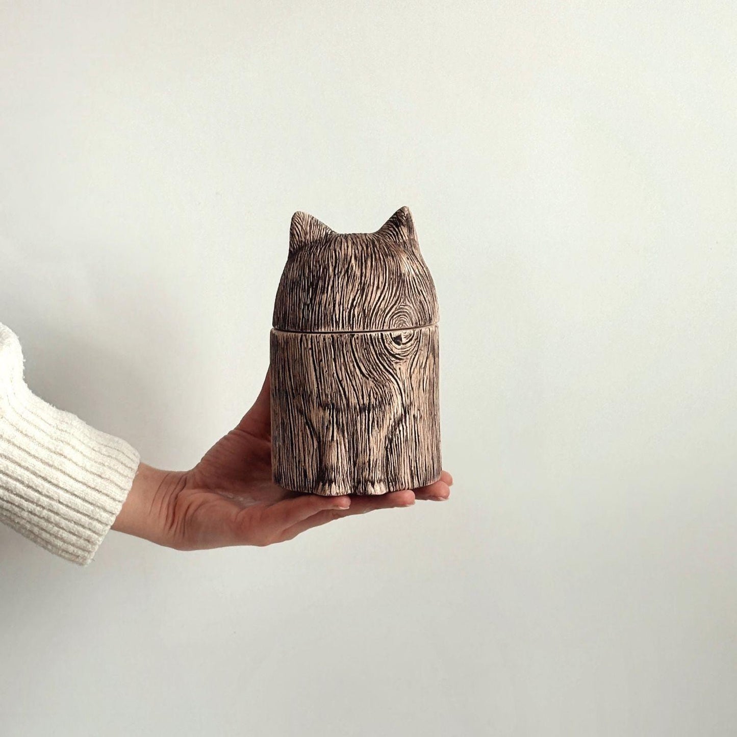Handmade Ceramic Cat Urn: Rustic Wood Texture Pet Ashes Keepsake