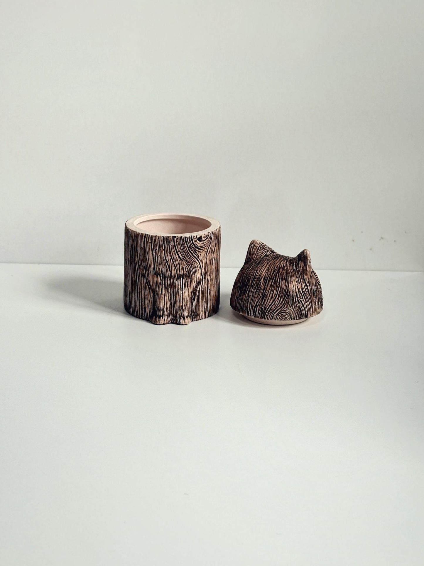 Handmade Ceramic Cat Urn: Rustic Wood Texture Pet Ashes Keepsake