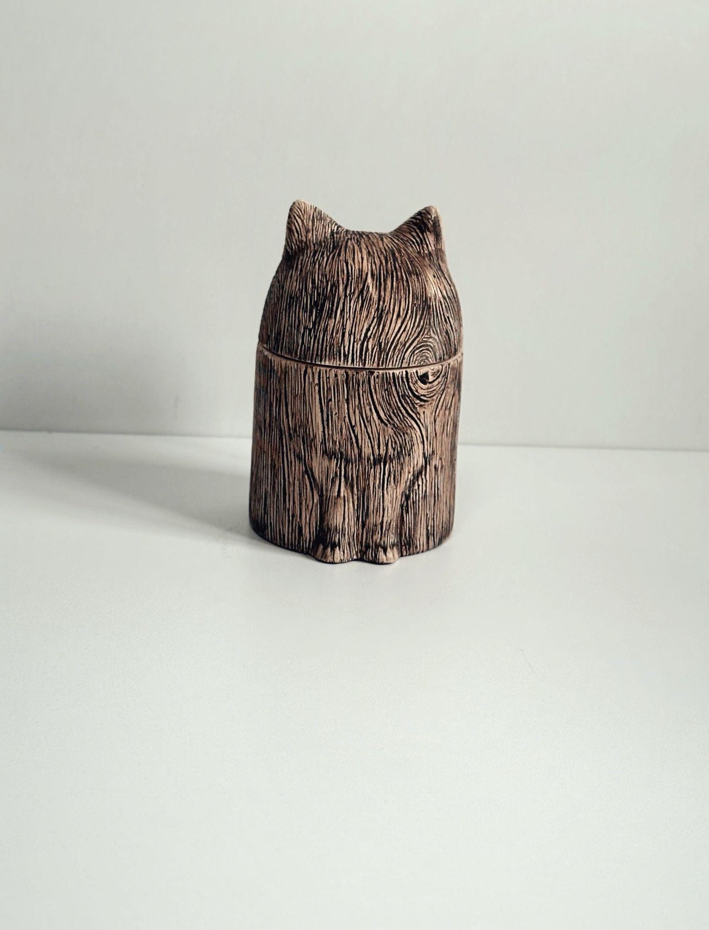 Handmade Ceramic Cat Urn: Rustic Wood Texture Pet Ashes Keepsake