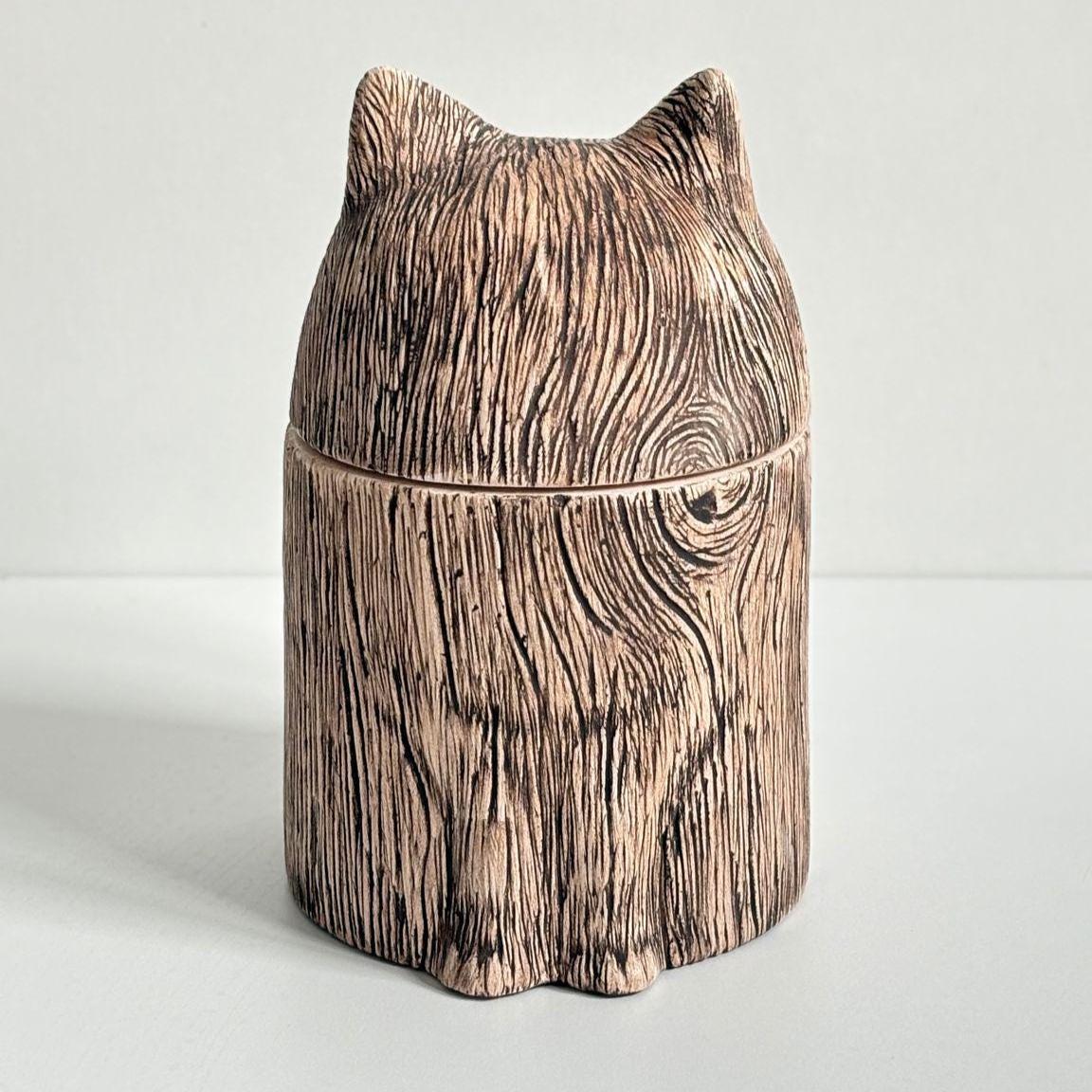 Handmade Ceramic Cat Urn: Rustic Wood Texture Pet Ashes Keepsake