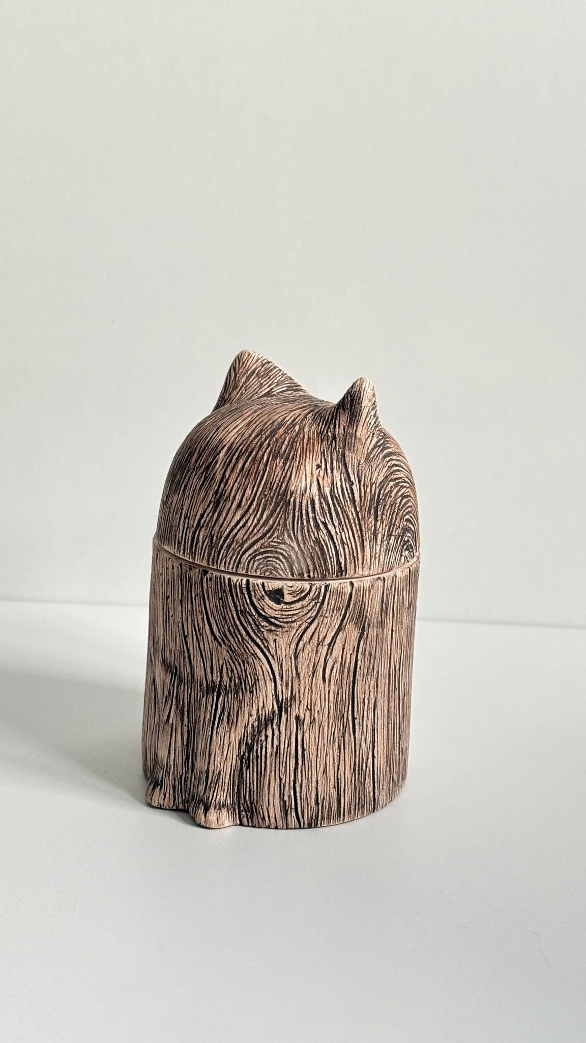 Handmade Ceramic Cat Urn: Rustic Wood Texture Pet Ashes Keepsake