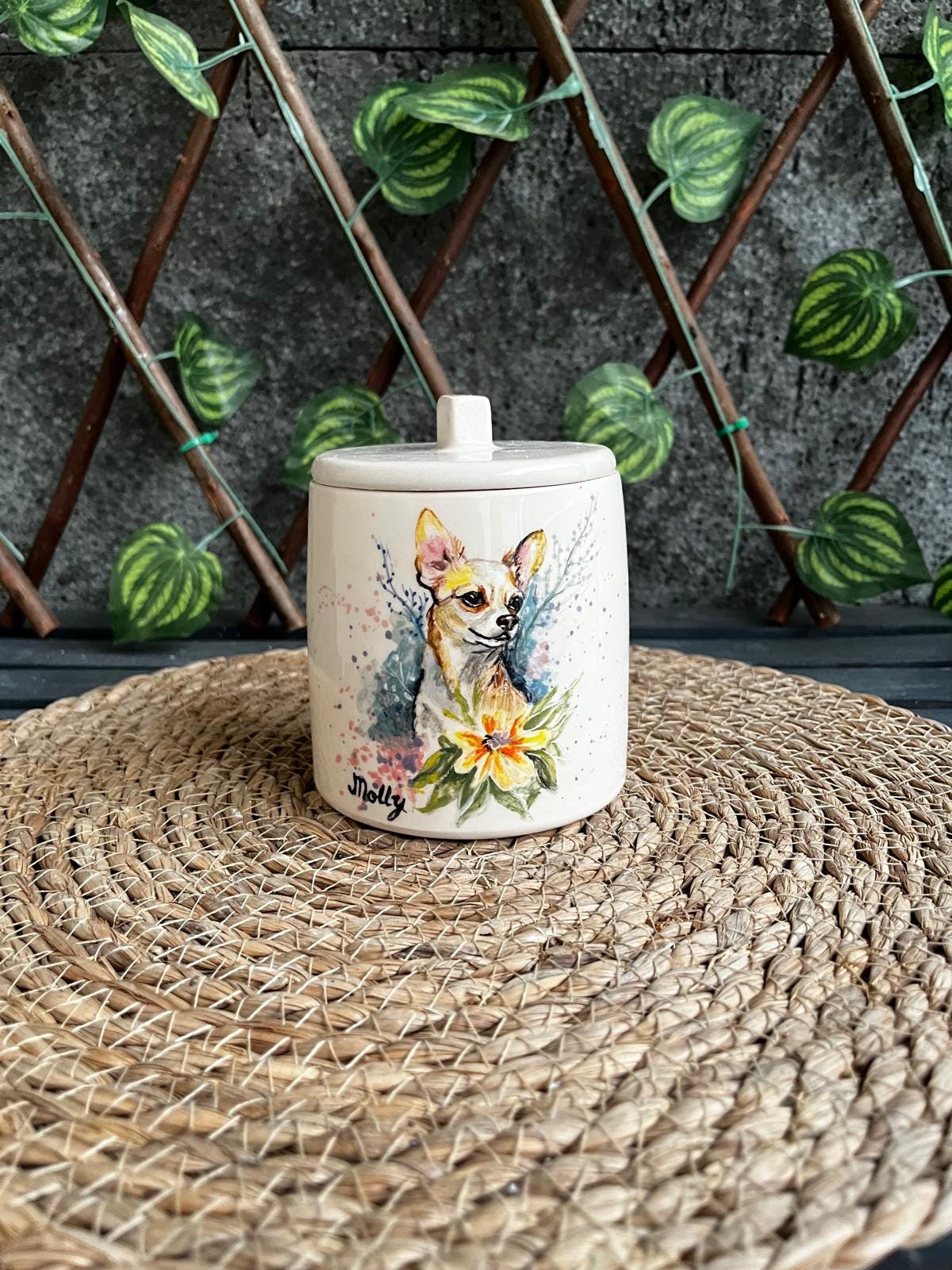 Hand Painted Ceramic Pet Urn: Custom Dog or Cat Portrait