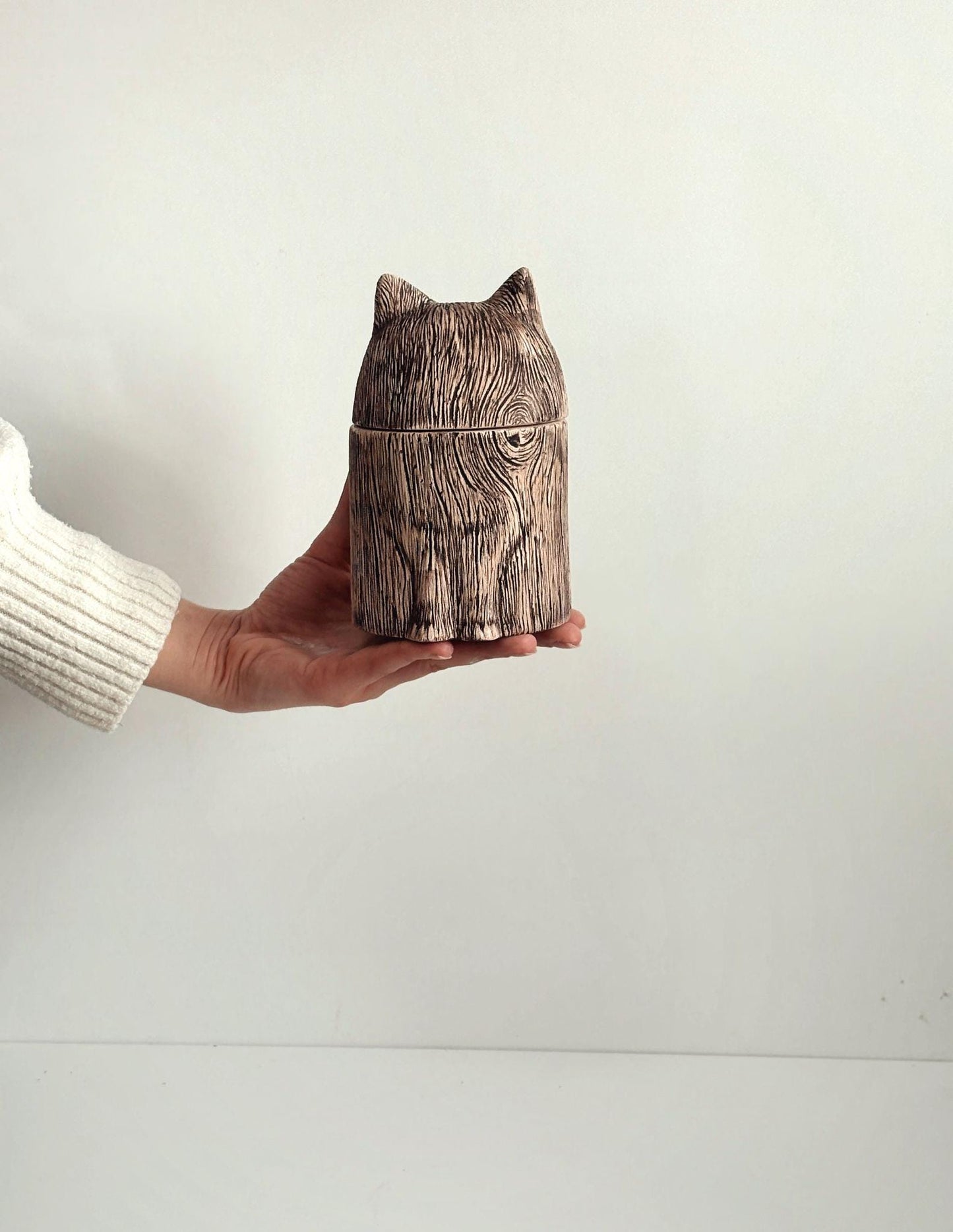 Handmade Ceramic Cat Urn: Rustic Wood Texture Pet Ashes Keepsake