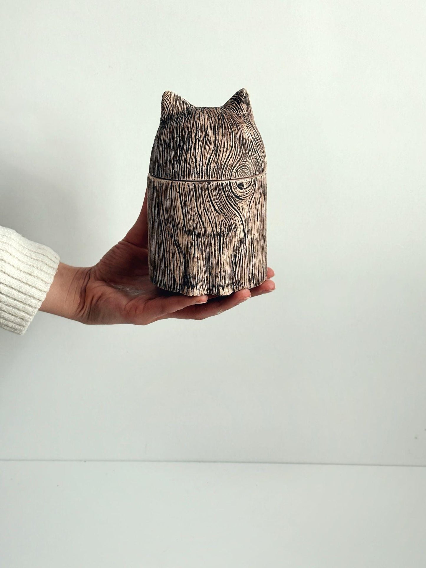 Handmade Ceramic Cat Urn: Rustic Wood Texture Pet Ashes Keepsake