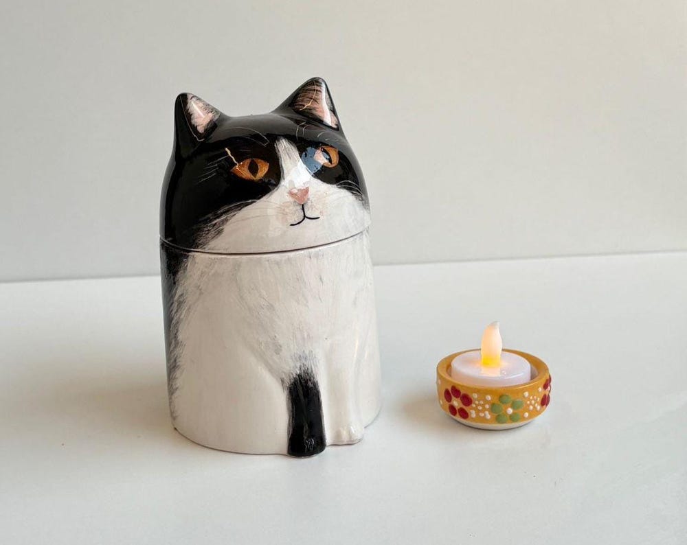 Custom Ceramic Cat Urn: Tuxedo Cat Memorial Keepsake Box
