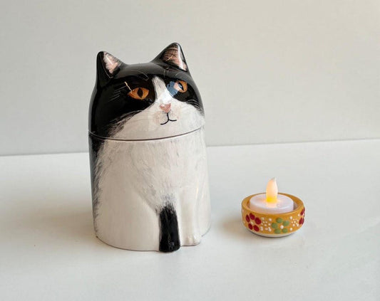 Custom Ceramic Cat Urn: Tuxedo Cat Memorial Keepsake Box